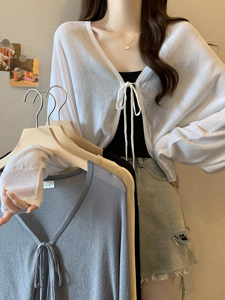 Thin Black Ice Silk Sun Protection Cardigan for Women Knitwear Summer Cover Up Large Size Lazy Sleeve Shawl Strap Outerwear Top