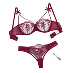 Women's Sexy Push Up Lingerie Set Sheer Floral Embroidery Support Bra Thong Anti Sagging Underwire Chest Cleavage Enhancement