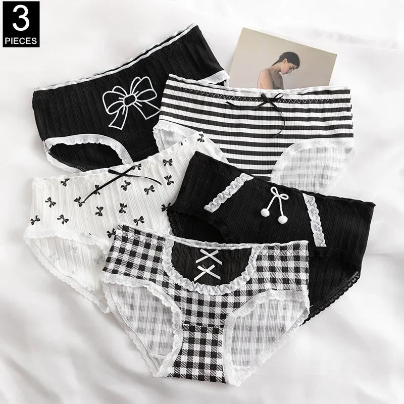 3 Pcs Cute Lolita Lace Trimming Girl Plaid Striped Underwear Summer Sexy Cotton Briefs Langerie Loli Panties