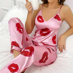 Women's Satin Pajama Set with Lip Print V-Neck Cami Top and Elastic Pants For Women Pijama Comfortable Sleep and Loungwear