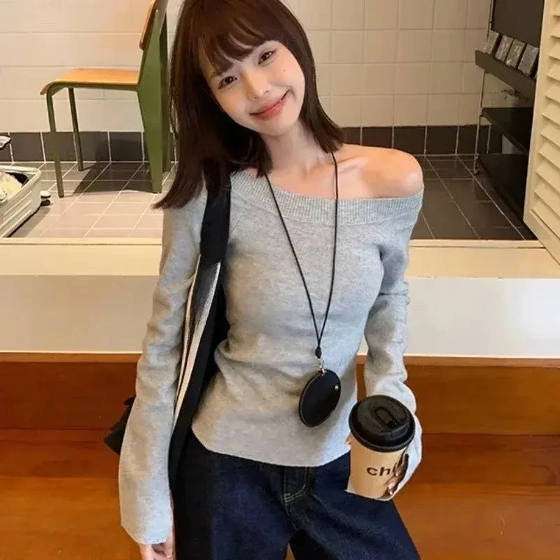 Sexy Pullovers Women Off Shoulder Cropped Knitted Basic Clothes Autumn All-match Side Slit Simple Tender Slim Gentle Seductive