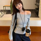 Sexy Pullovers Women Off Shoulder Cropped Knitted Basic Clothes Autumn All-match Side Slit Simple Tender Slim Gentle Seductive