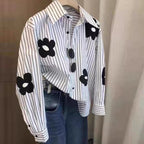 Turn-down Neck Flower Stripe Long Sleeved Loose Shirt And Blouse New In Clothing Top Casual Single Breasted Office Lady White