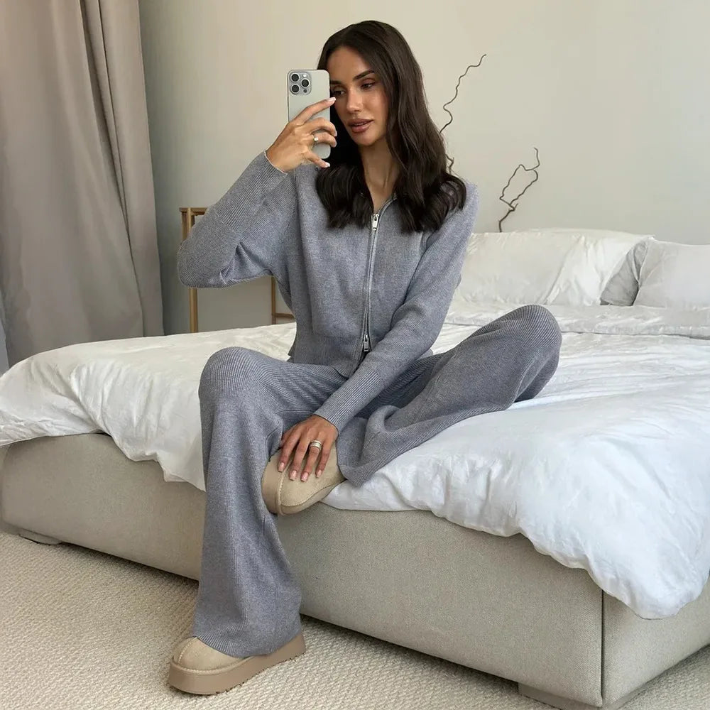 Zipper Front Knitted Long Sve Wide Leg Pants Two Piece Set for Women Autumn Winter Pure Color Faion Ensemble