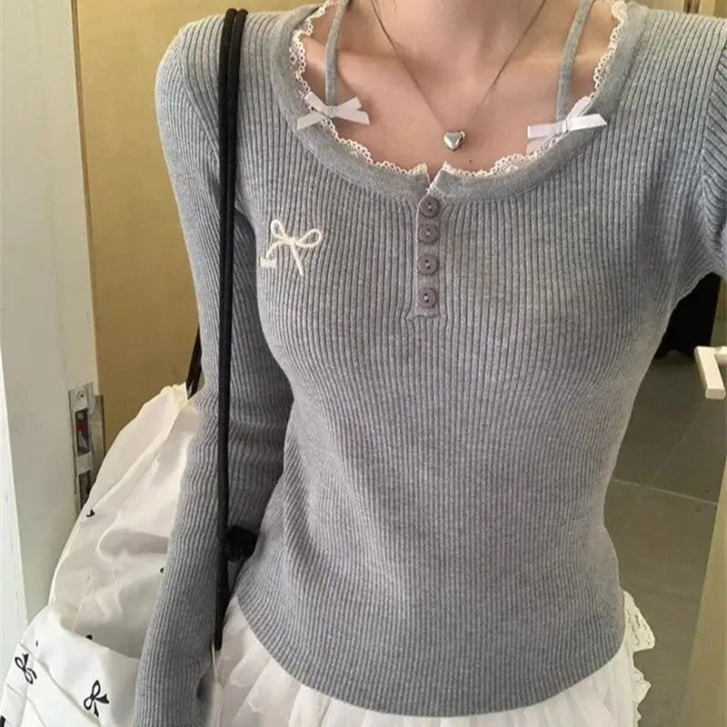 Grey Sweet Gentle Style Long Sleeve Lace Trim Lady Slim Fit Grey Top Korean Style Spring Summer 2026 New Women's T-shirt
