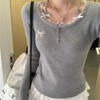 Grey Sweet Gentle Style Long Sleeve Lace Trim Lady Slim Fit Grey Top Korean Style Spring Summer 2026 New Women's T-shirt