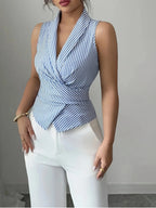 Women's Elegant Sleeveless V-Neck Blouse with Bow Belt Detail - Light Blue & White Striped Top, Perfect for Spring/Summer