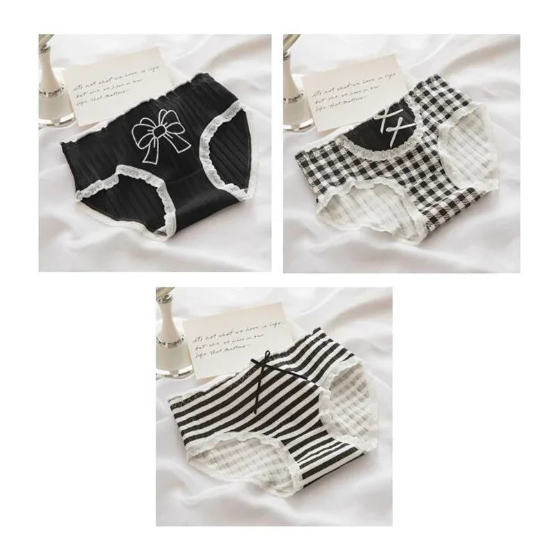 3 Pcs Cute Lolita Lace Trimming Girl Plaid Striped Underwear Summer Sexy Cotton Briefs Langerie Loli Panties