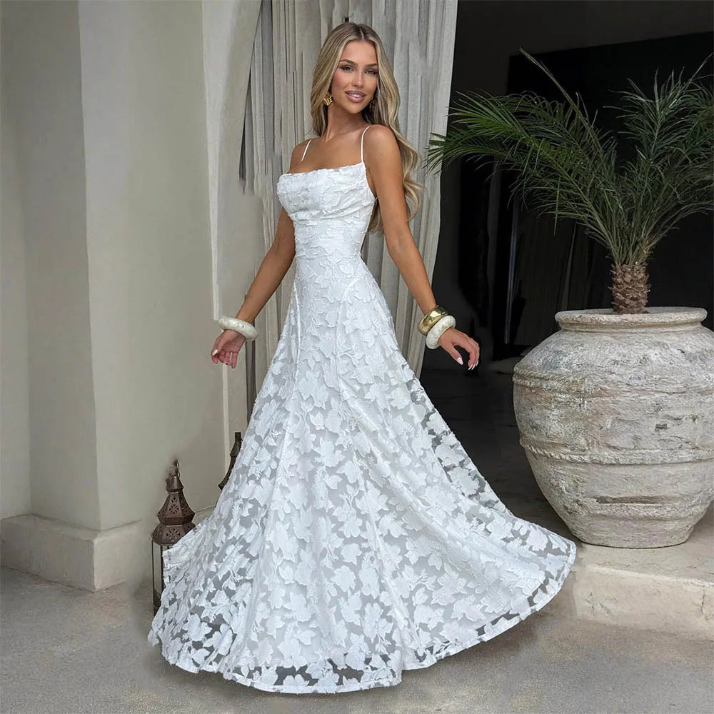 Jacquard Chiffon Long Dress Women's Backless Bandage Dresses Summer Evening Wedding Guest Green White Burgundy Pink Graduation