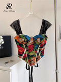 SINGREINY American Retro Print Evening Camisole Female Strap Lace Spliced Slim Top 2025 Streetwear Floral Vintage Beach Tank Top