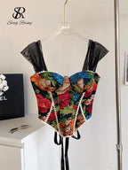 SINGREINY American Retro Print Evening Camisole Female Strap Lace Spliced Slim Top 2025 Streetwear Floral Vintage Beach Tank Top
