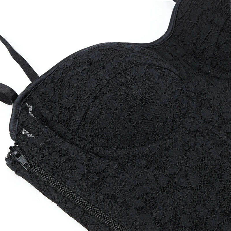Women Lace Floral Corset Top Sexy Black Mesh Transparent Bra Side Zip Bustier Vest Gothic Spaghetti Strap Embroidery Party Camis