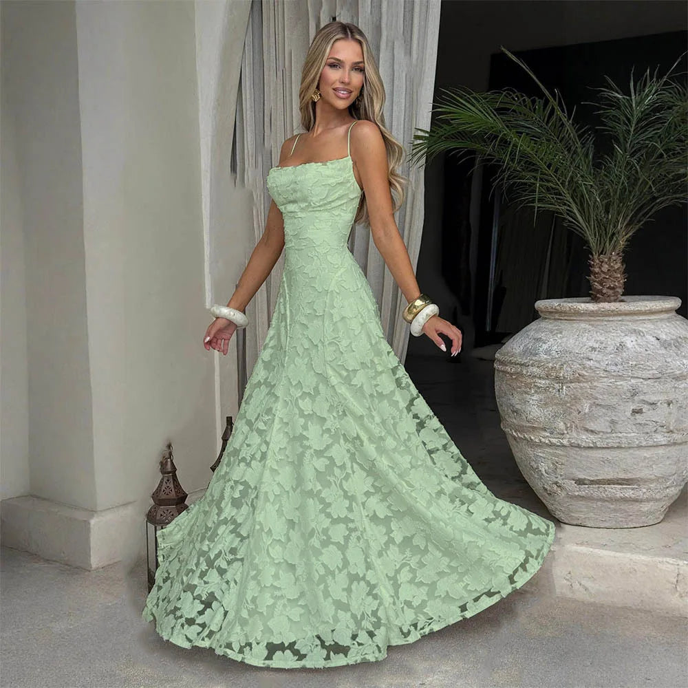 Jacquard Chiffon Long Dress Women's Backless Bandage Dresses Summer Evening Wedding Guest Green White Burgundy Pink Graduation
