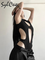Sylcue Black Mysterious Sexy Hot Nightclub Hollow All-Match Cool Trendy Personality Mature Beautiful Open Women's Tight Jumpsuit