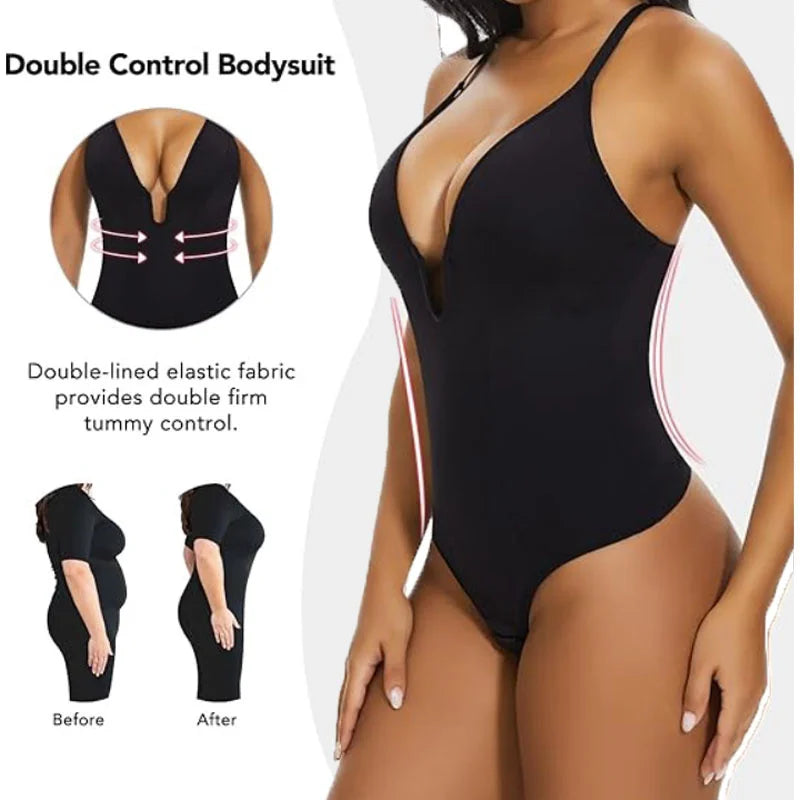 GUUDIA Sexy Low Back Bodysuits Backless Body Shaper U Plunge Thong Bodysuit Deep V Shaper Bodysuit Tummy Control Deep U Suits