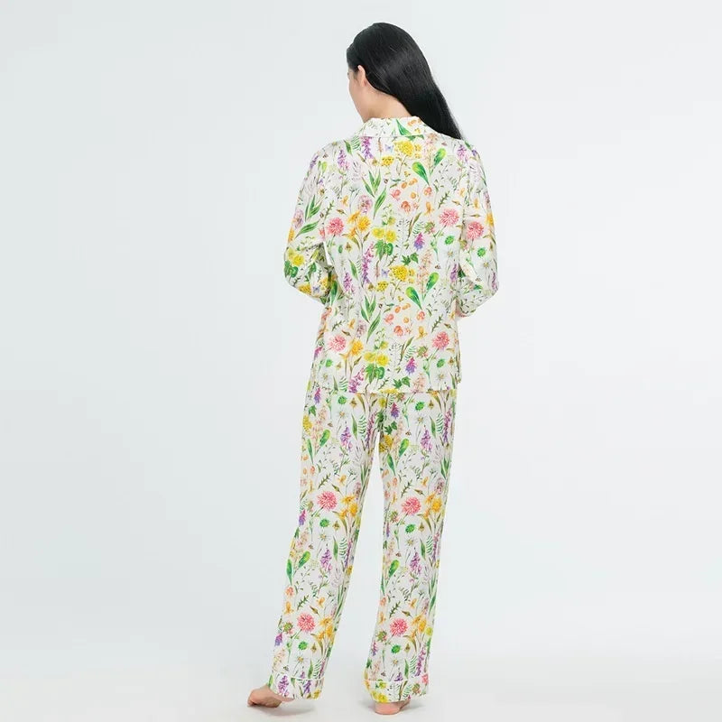 Floral Women's Pajama Set 19 Momme 100% Mulberry Silk Long Sleeve Button Top and Long Pants Two Piece Casual Homewear Loungewear