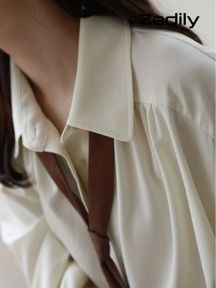 Korean Style Minimalist Oversized Blouse Women Long Sleeve Button Down Shirt with Detachable Tie for Office Casual Wear