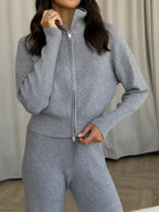 Zipper Front Knitted Long Sve Wide Leg Pants Two Piece Set for Women Autumn Winter Pure Color Faion Ensemble