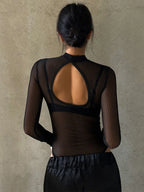 Black Mesh Transparent Sexy Bodysuit Long Sleeve Slim Skinny Stripe Mock Neck Casual Rompers Women Lady Party Club Body