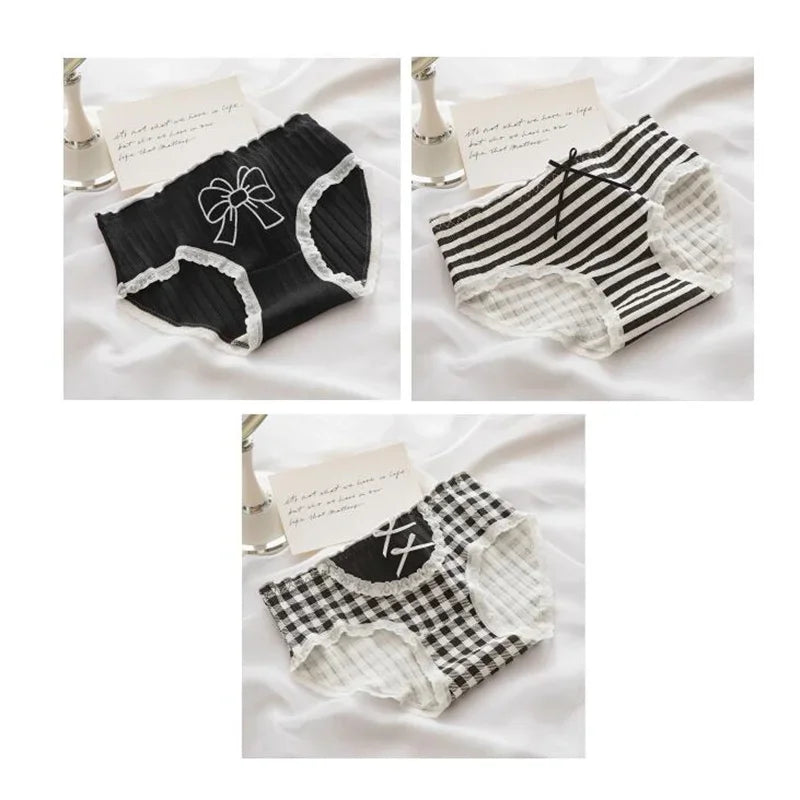 3 Pcs Cute Lolita Lace Trimming Girl Plaid Striped Underwear Summer Sexy Cotton Briefs Langerie Loli Panties