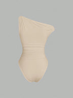 Women One Shoulder Ruched Bodysuit Gold Buckle Decor Sleeveless Form Fitting Jumpsuit