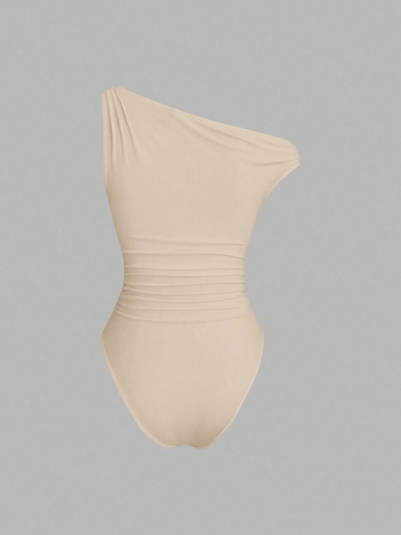 Women One Shoulder Ruched Bodysuit Gold Buckle Decor Sleeveless Form Fitting Jumpsuit