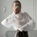 Linad Elegant Brown Mesh O Neck Blouse Women 2025 Sexy Apricot Sheer Shirt Female Autumn Street Chic Loose Long Sleeve Tops New