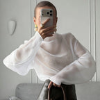 Linad Elegant Brown Mesh O Neck Blouse Women 2025 Sexy Apricot Sheer Shirt Female Autumn Street Chic Loose Long Sleeve Tops New