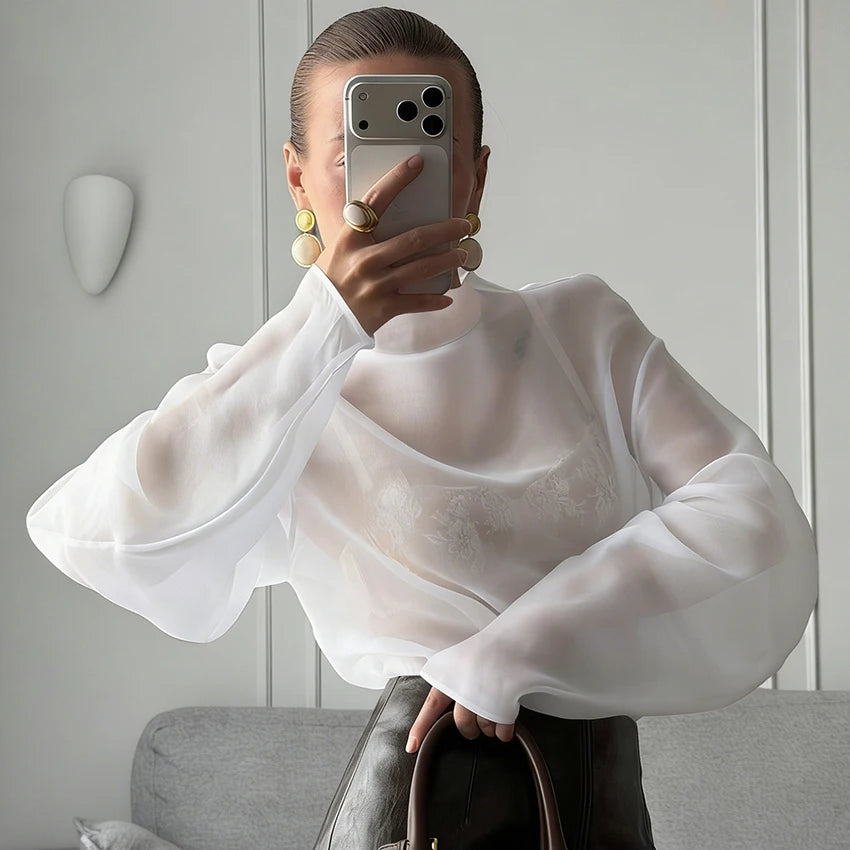 Linad Elegant Brown Mesh O Neck Blouse Women 2025 Sexy Apricot Sheer Shirt Female Autumn Street Chic Loose Long Sleeve Tops New