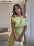 Elegant One Shoulder Solid Dress Women's Waist-cinching Side Split Ankle-length Dresses 2026 Summer New Lady Casual Cozy Robes