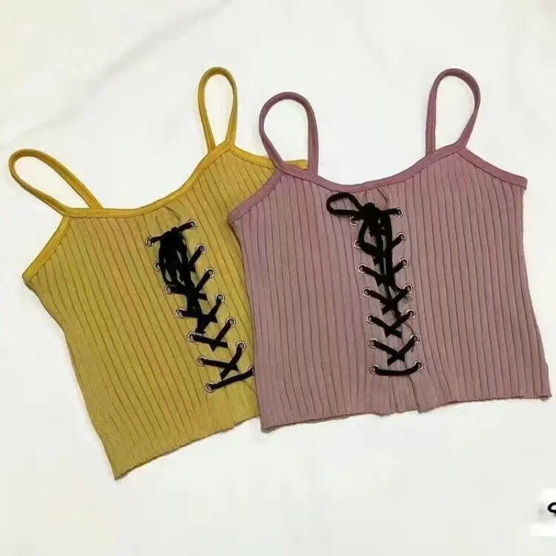 Women's Tops Backless Crop Top Sleeveless Kawaii Cute White Knitted Camis Tank Top Summer Cropped Vest Female Clothing