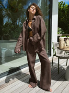 Women's Casual Solid Cotton Linen Pant Sets Chic Laple Single Breasted Long Sleeve Shirt Elasticity Waist Pant New Two Piece Set