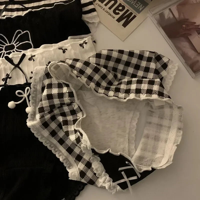 3 Pcs Cute Lolita Lace Trimming Girl Plaid Striped Underwear Summer Sexy Cotton Briefs Langerie Loli Panties