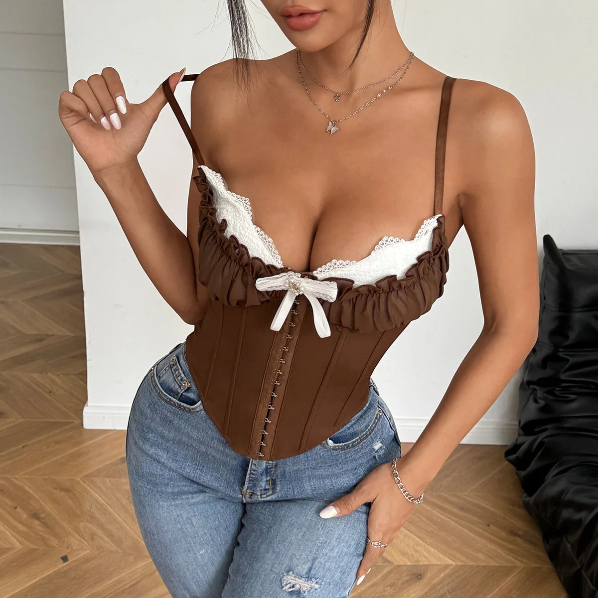 Multi Colors Sexy Perspective Mesh Stitching Lace Bustiers and Corsets with Chest Cushion for Spice Girl Sling Bustier Top