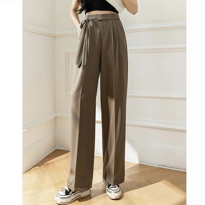 Spring Women Lace Up Straight Leg Suit Pants Female Solid Color High Waisted Trousers Lady Chic Designer All Match Work Pants
