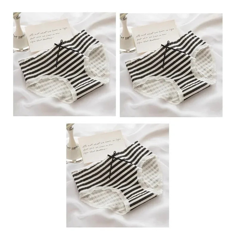 3 Pcs Cute Lolita Lace Trimming Girl Plaid Striped Underwear Summer Sexy Cotton Briefs Langerie Loli Panties