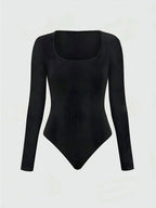 Plus Size Women's Black Ribbed Long Sleeve Bodysuit + Wide Leg Pants 2-Piece Set (0XL-4XL)