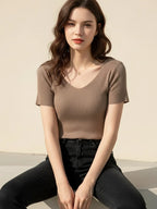 AOSSVIAO 2026 Summer Basic V-neck Solid Thin Women Pullover Female Knitted Ribbed Sweater Slim Short Sleeve Bodycon Sweater