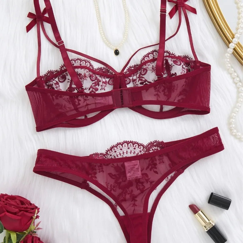 Women's Sexy Push Up Lingerie Set Sheer Floral Embroidery Support Bra Thong Anti Sagging Underwire Chest Cleavage Enhancement