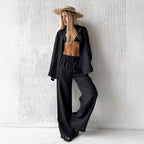 Women's Casual Solid Cotton Linen Pant Sets Chic Laple Single Breasted Long Sleeve Shirt Elasticity Waist Pant New Two Piece Set