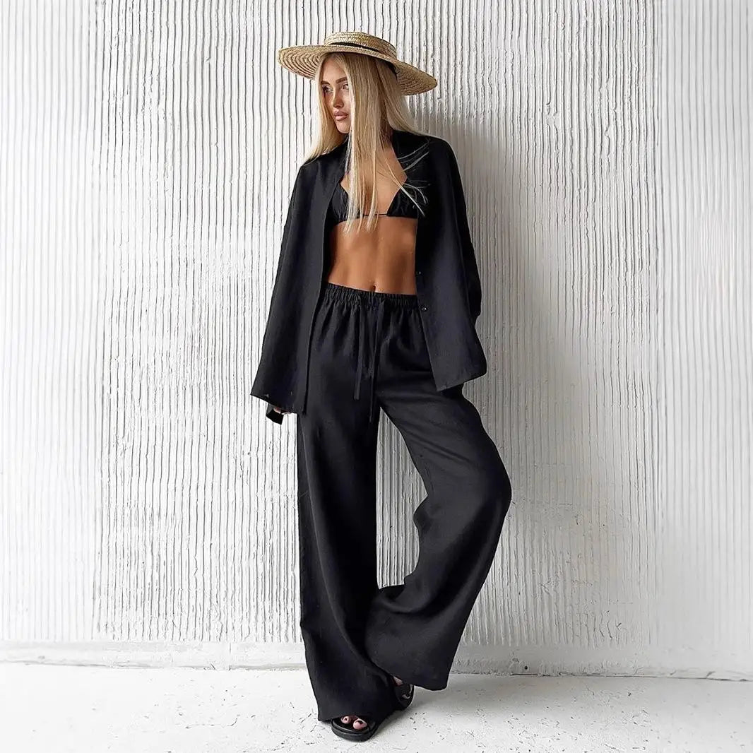 Women's Casual Solid Cotton Linen Pant Sets Chic Laple Single Breasted Long Sleeve Shirt Elasticity Waist Pant New Two Piece Set