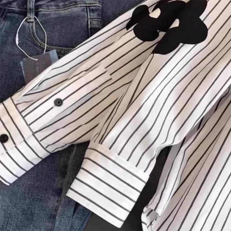 Turn-down Neck Flower Stripe Long Sleeved Loose Shirt And Blouse New In Clothing Top Casual Single Breasted Office Lady White