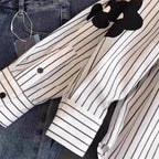 Turn-down Neck Flower Stripe Long Sleeved Loose Shirt And Blouse New In Clothing Top Casual Single Breasted Office Lady White