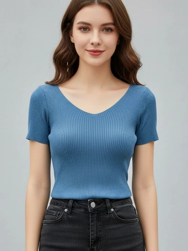 AOSSVIAO 2026 Summer Basic V-neck Solid Thin Women Pullover Female Knitted Ribbed Sweater Slim Short Sleeve Bodycon Sweater