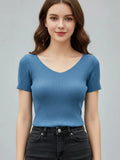 AOSSVIAO 2026 Summer Basic V-neck Solid Thin Women Pullover Female Knitted Ribbed Sweater Slim Short Sleeve Bodycon Sweater