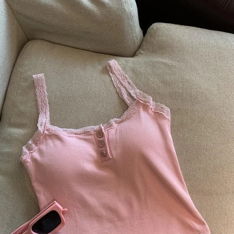 2026 Solid Color Knit Tank Top Vest Women Female Slim Undershirt Sexy Lace Camisole With Chest Pad Crop Tops Sleeveless T Shirt