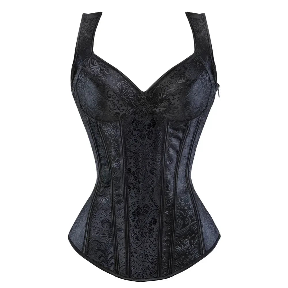 With Cup Top Vintage Steampunk Corset With Straps Overbust Zipper Side Straps Overbust Corset Waist Trainer Bustier Plus Size