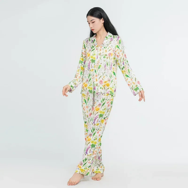 Floral Women's Pajama Set 19 Momme 100% Mulberry Silk Long Sleeve Button Top and Long Pants Two Piece Casual Homewear Loungewear