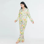 Floral Women's Pajama Set 19 Momme 100% Mulberry Silk Long Sleeve Button Top and Long Pants Two Piece Casual Homewear Loungewear