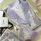 Women's Satin Pajama Set Spring New Classic Sandpainting Pajama Set Long Sleeve Button Green Pajama Lounge Pant Women Sleepwear